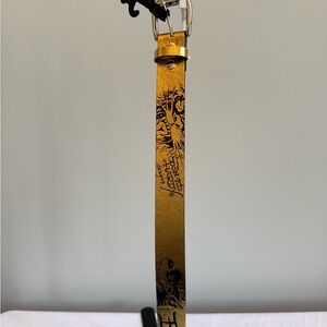 Ed Hardy Gold and Black Tattoo Print Leather Belt